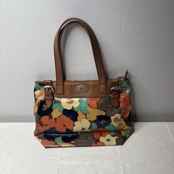 Fossil Key Per Coated Canvas Purse Tote Hand Bag Retro 70s Floral Brown Leather - Picture 2 of 12